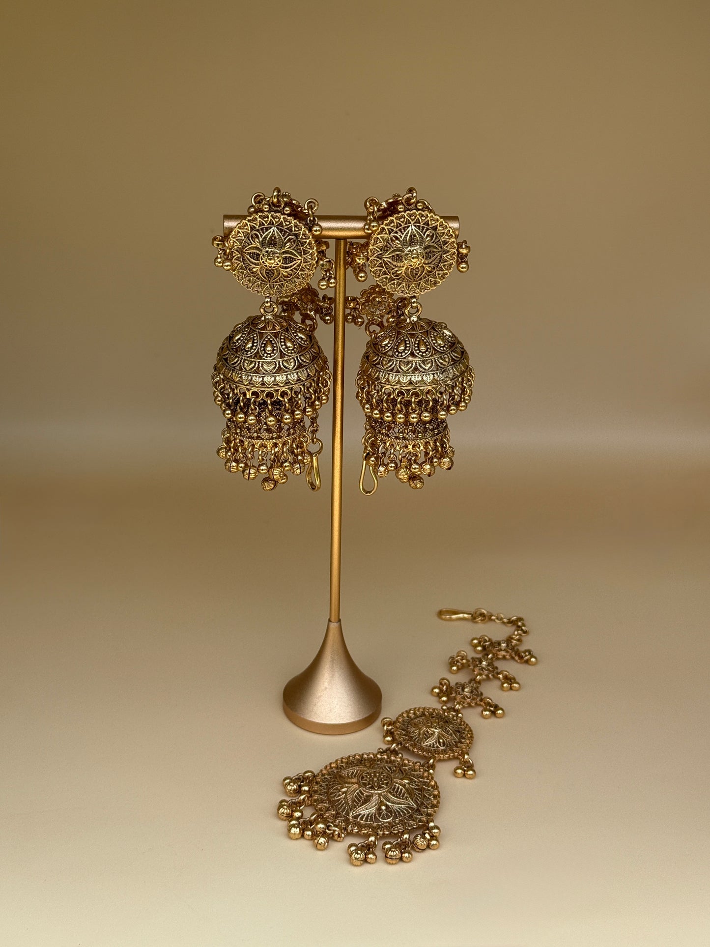 Gold-Plated Double Step Jhumka & Tikka Set