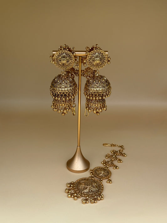 Gold-Plated Double Step Jhumka & Tikka Set