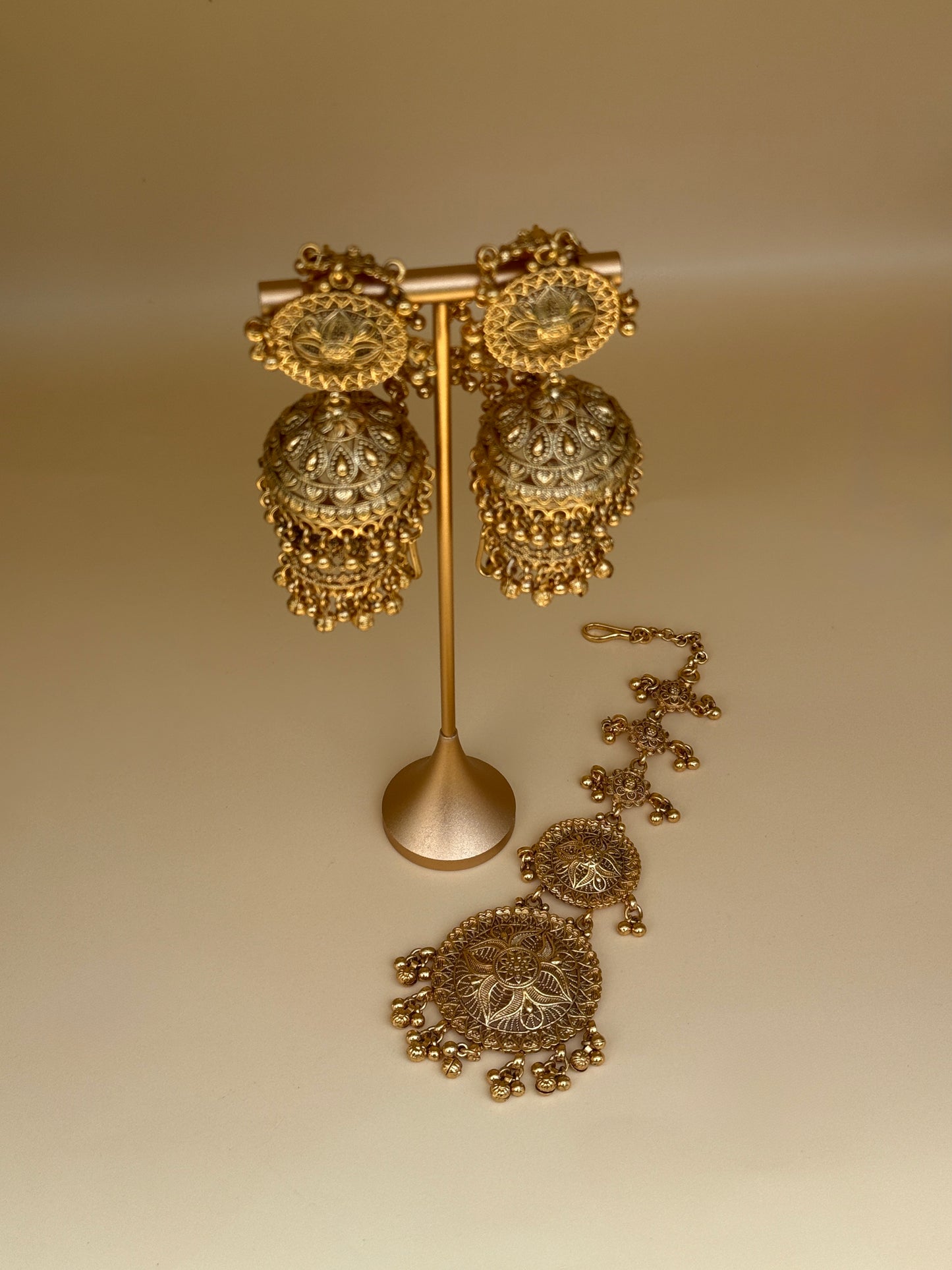 Gold-Plated Double Step Jhumka & Tikka Set