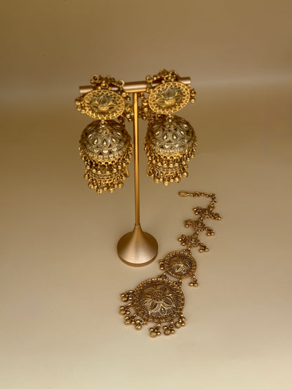 Gold-Plated Double Step Jhumka & Tikka Set