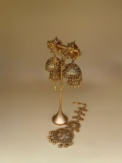 Gold-Plated Double Step Jhumka & Tikka Set